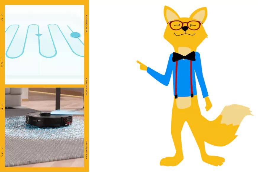 Der Smart Home Fox zeigt mit dem Finger auf die Darstellung der strukturierten Fahrweise eines Saugroboters mit einer Lasernavigation